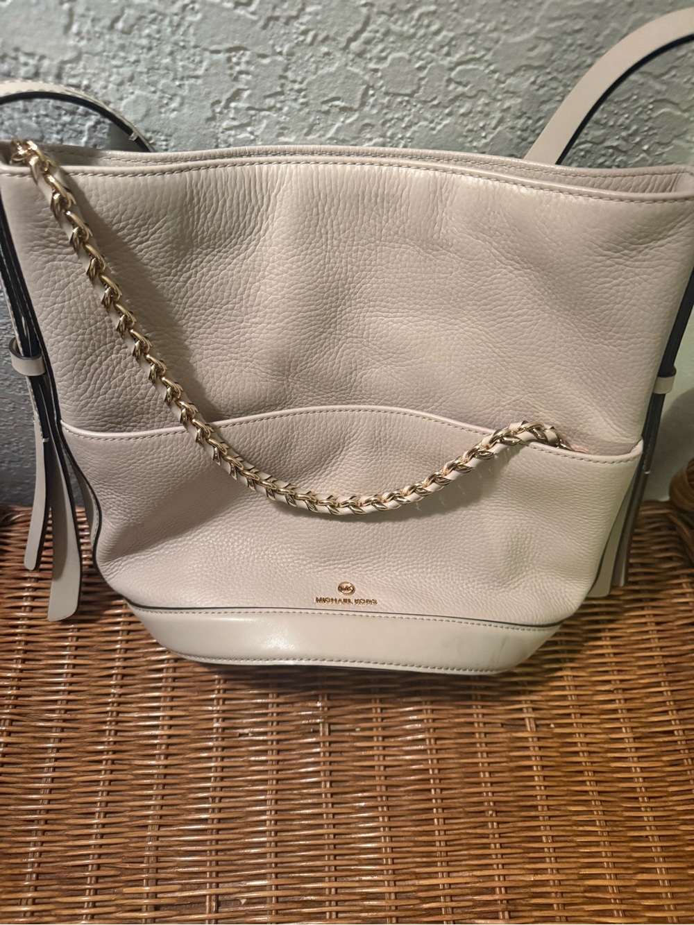 Michael Kors Cream Leather Shoulder Tote with Gold Chain Accent